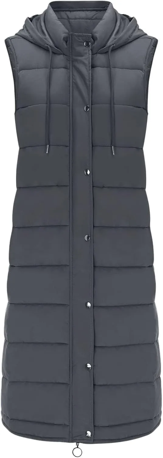 Muyise Women's Long Quilted Down Vest Sleeveless Hooded Jacket Winter Warm Padded Coat Outdoor Puffer Outerwear with Pockets
