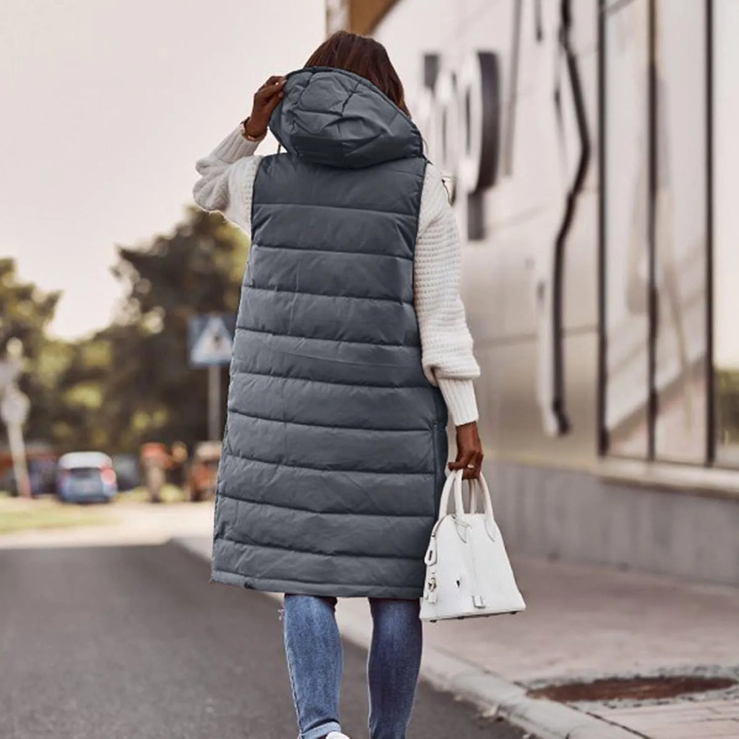 Muyise Women's Long Quilted Down Vest Sleeveless Hooded Jacket Winter Warm Padded Coat Outdoor Puffer Outerwear with Pockets