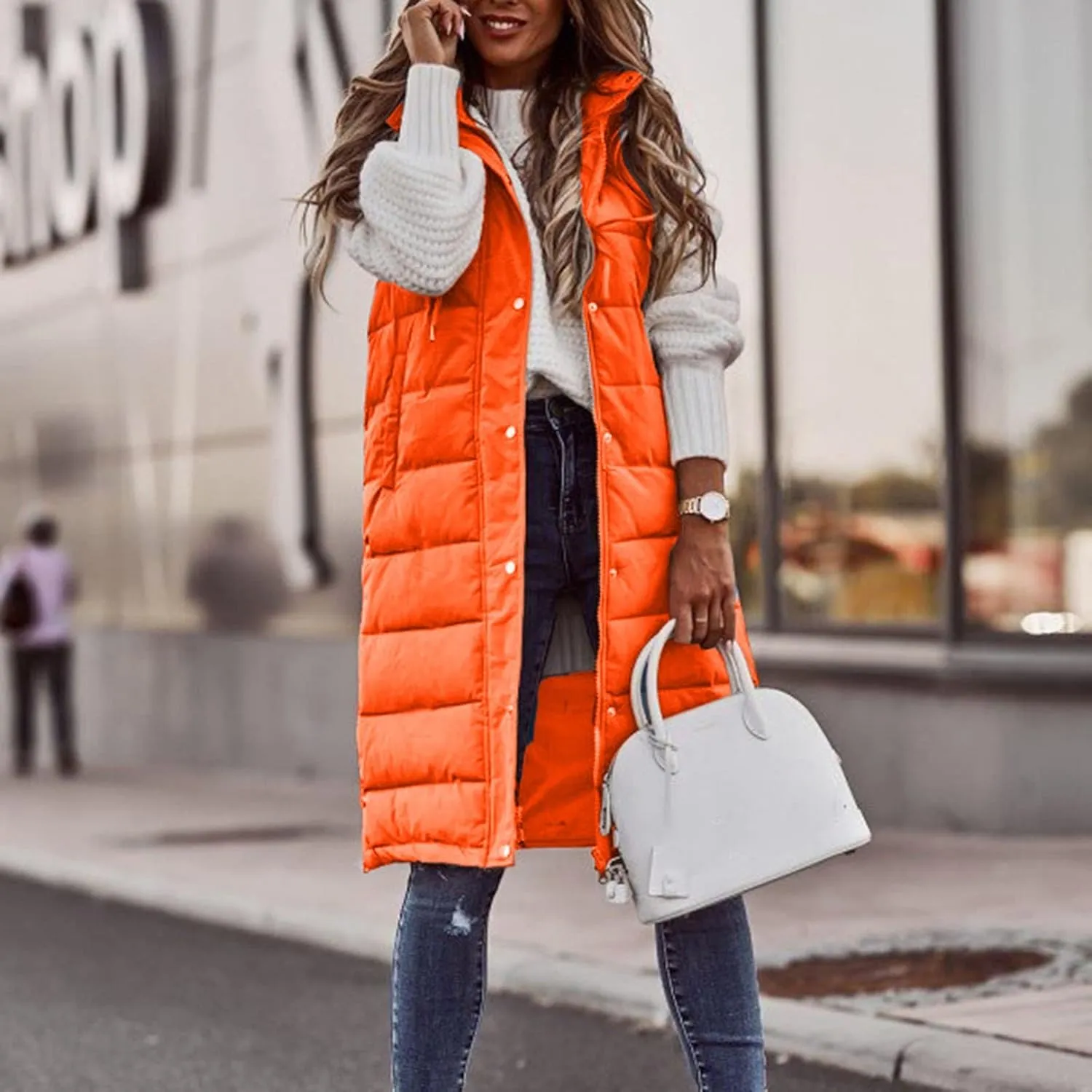 Muyise Women's Long Quilted Down Vest Sleeveless Hooded Jacket Winter Warm Padded Coat Outdoor Puffer Outerwear with Pockets