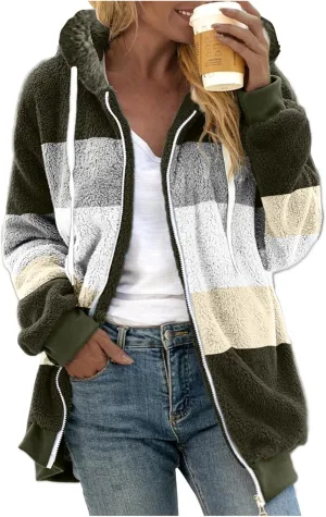Muyise Womens Warm Fuzzy Zip Up Hoodie Oversized Sherpa Jacket Winter Fluffy Fleece Hooded Outerwear Coat with Pockets