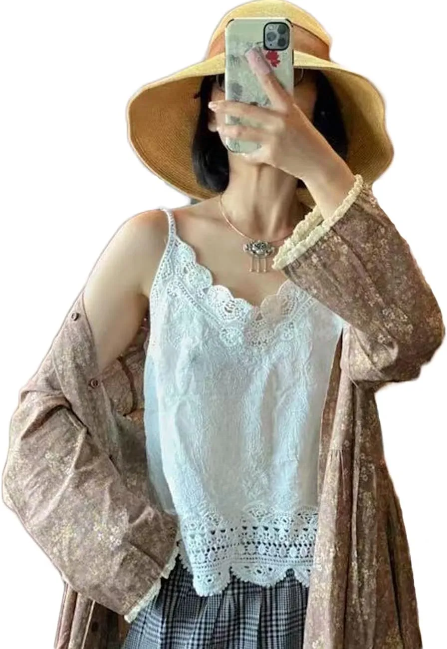 NFYM Women's V Neck Sleeveless Lace Embroidered Undershirt Cotton Spaghetti Strap Layering Camisole Cami Tank Top