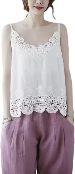NFYM Women's V Neck Sleeveless Lace Embroidered Undershirt Cotton Spaghetti Strap Layering Camisole Cami Tank Top