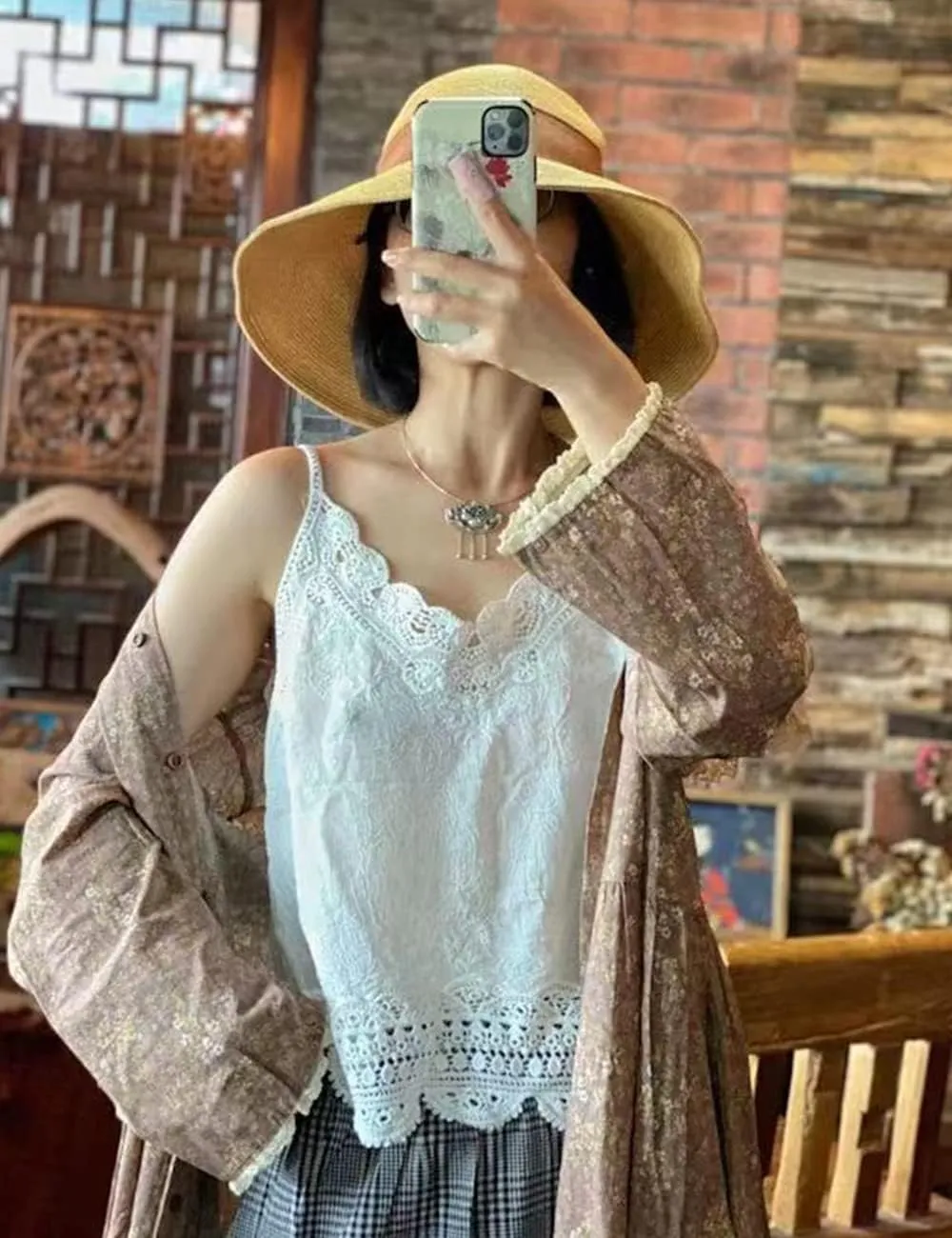 NFYM Women's V Neck Sleeveless Lace Embroidered Undershirt Cotton Spaghetti Strap Layering Camisole Cami Tank Top
