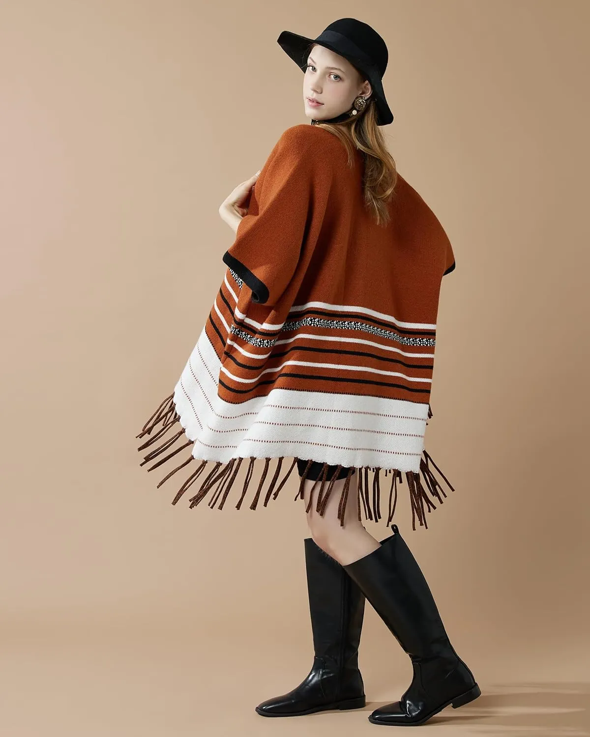 noflik Women's Boho Open Front Fringe Poncho Shawl Sweater Cardigan Long