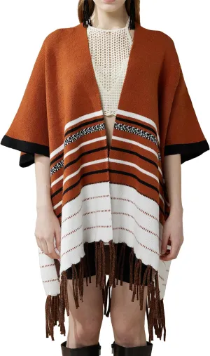 noflik Women's Boho Open Front Fringe Poncho Shawl Sweater Cardigan Long