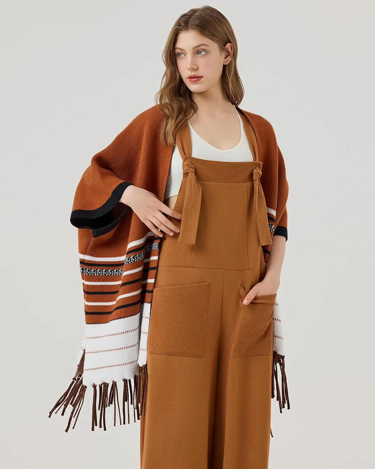 noflik Women's Boho Open Front Fringe Poncho Shawl Sweater Cardigan Long