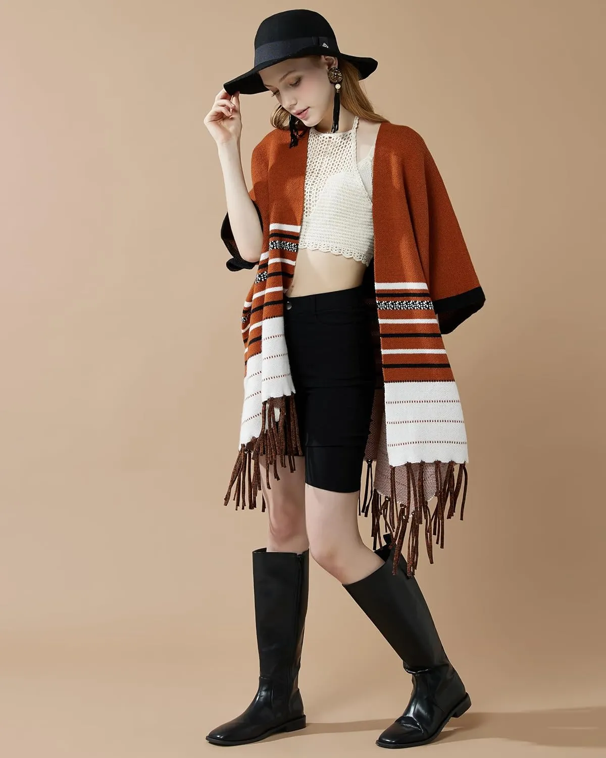 noflik Women's Boho Open Front Fringe Poncho Shawl Sweater Cardigan Long