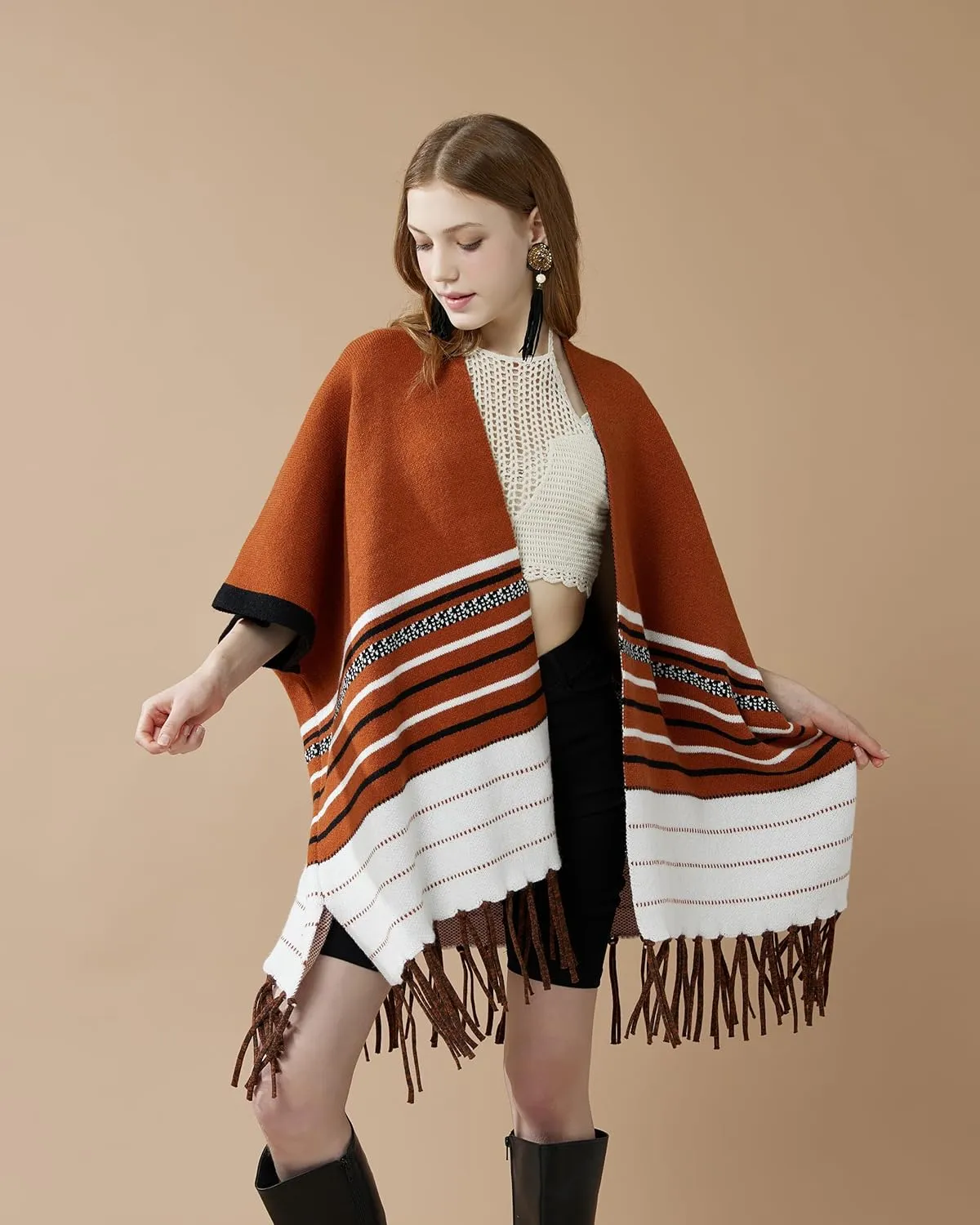 noflik Women's Boho Open Front Fringe Poncho Shawl Sweater Cardigan Long