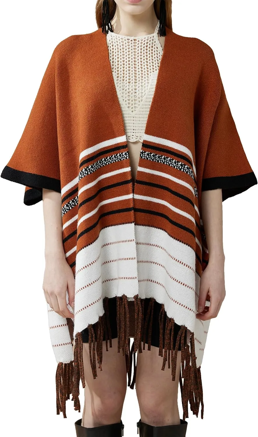 noflik Women's Boho Open Front Fringe Poncho Shawl Sweater Cardigan Long