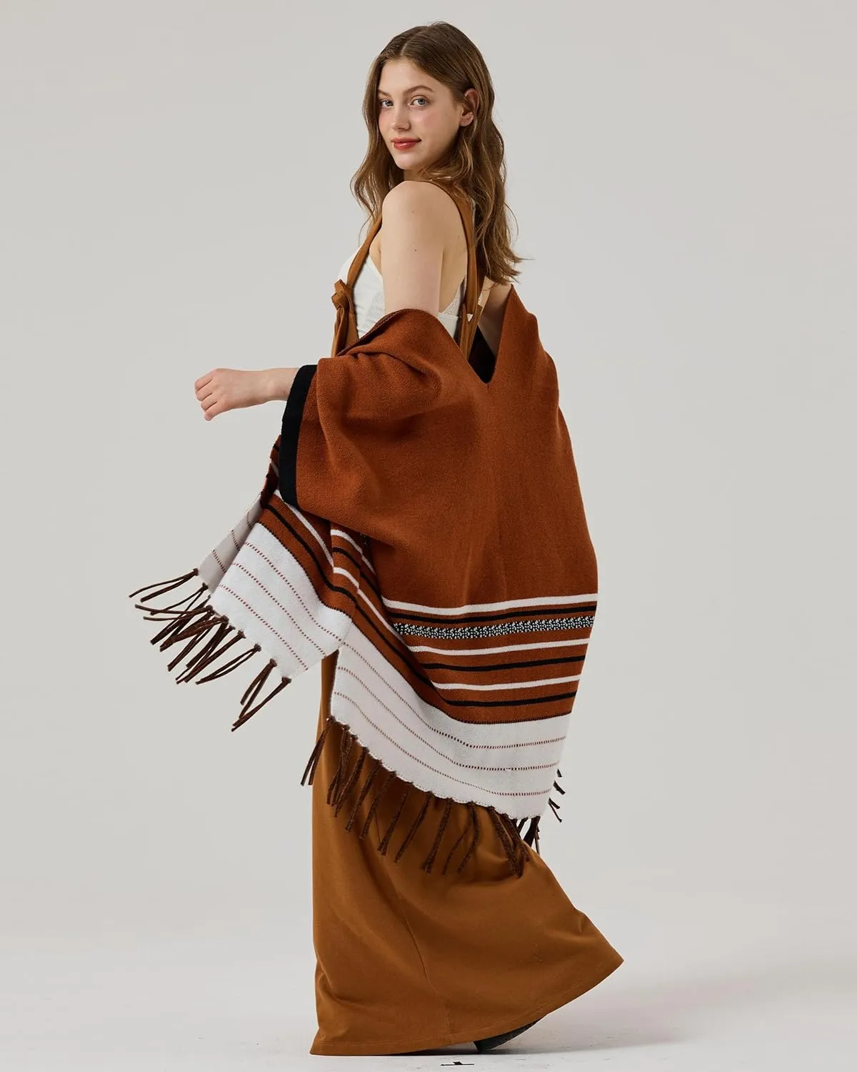 noflik Women's Boho Open Front Fringe Poncho Shawl Sweater Cardigan Long