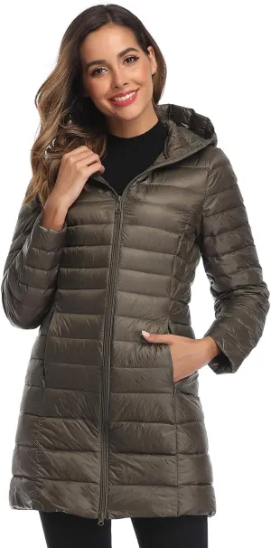 Obosoyo Women's Winter Packable Down Jacket Plus Size Ultralight Long Down Outerwear Puffer Jacket Hooded Coat