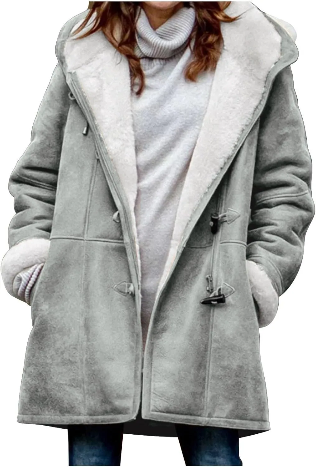 oiangi Winter Coats for Women Plus Size Warm Sherpa Fleece Lined Distressed Jackets Hooded Parka Suede Pea Coat Outerwear