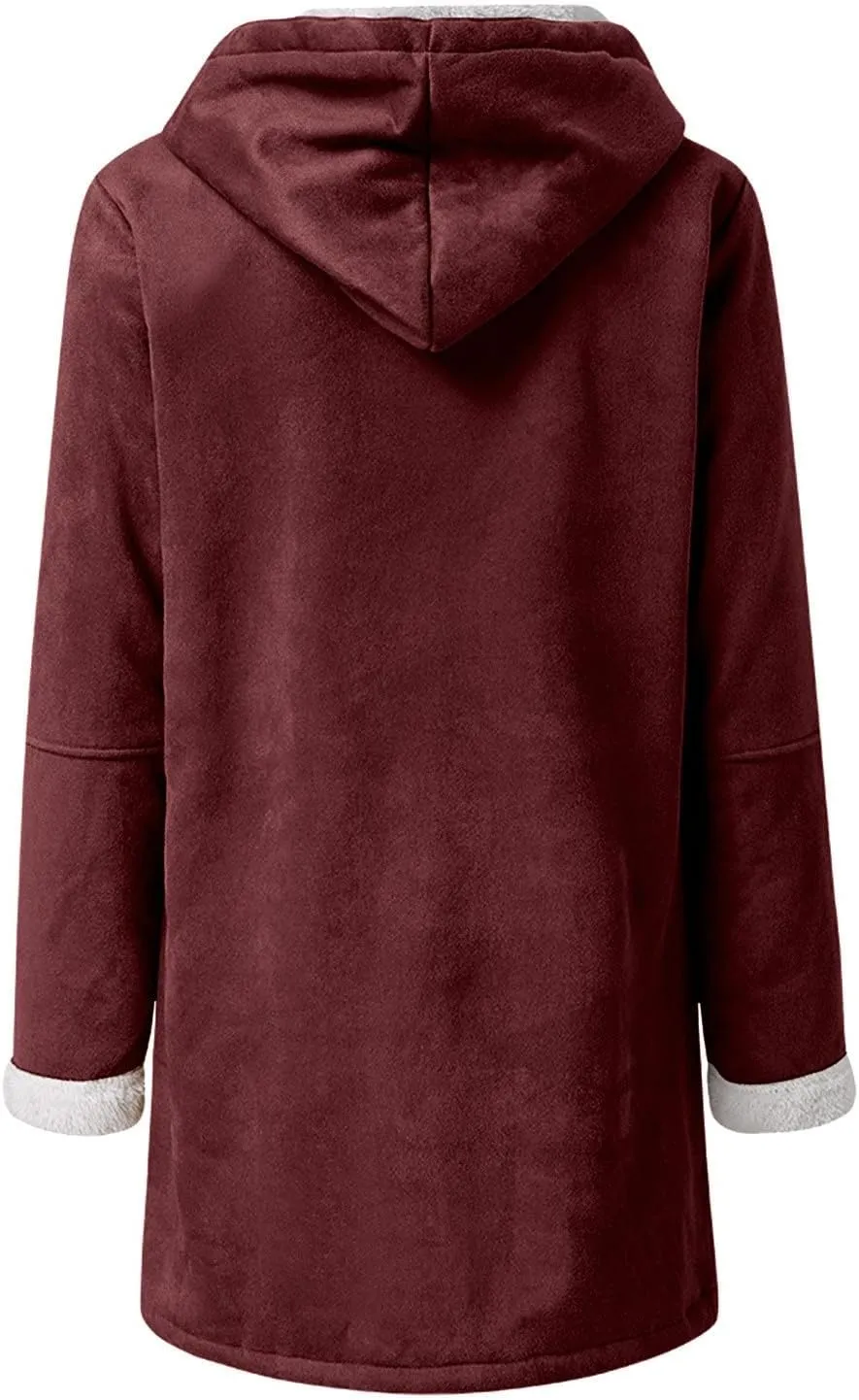 oiangi Winter Coats for Women Plus Size Warm Sherpa Fleece Lined Distressed Jackets Hooded Parka Suede Pea Coat Outerwear