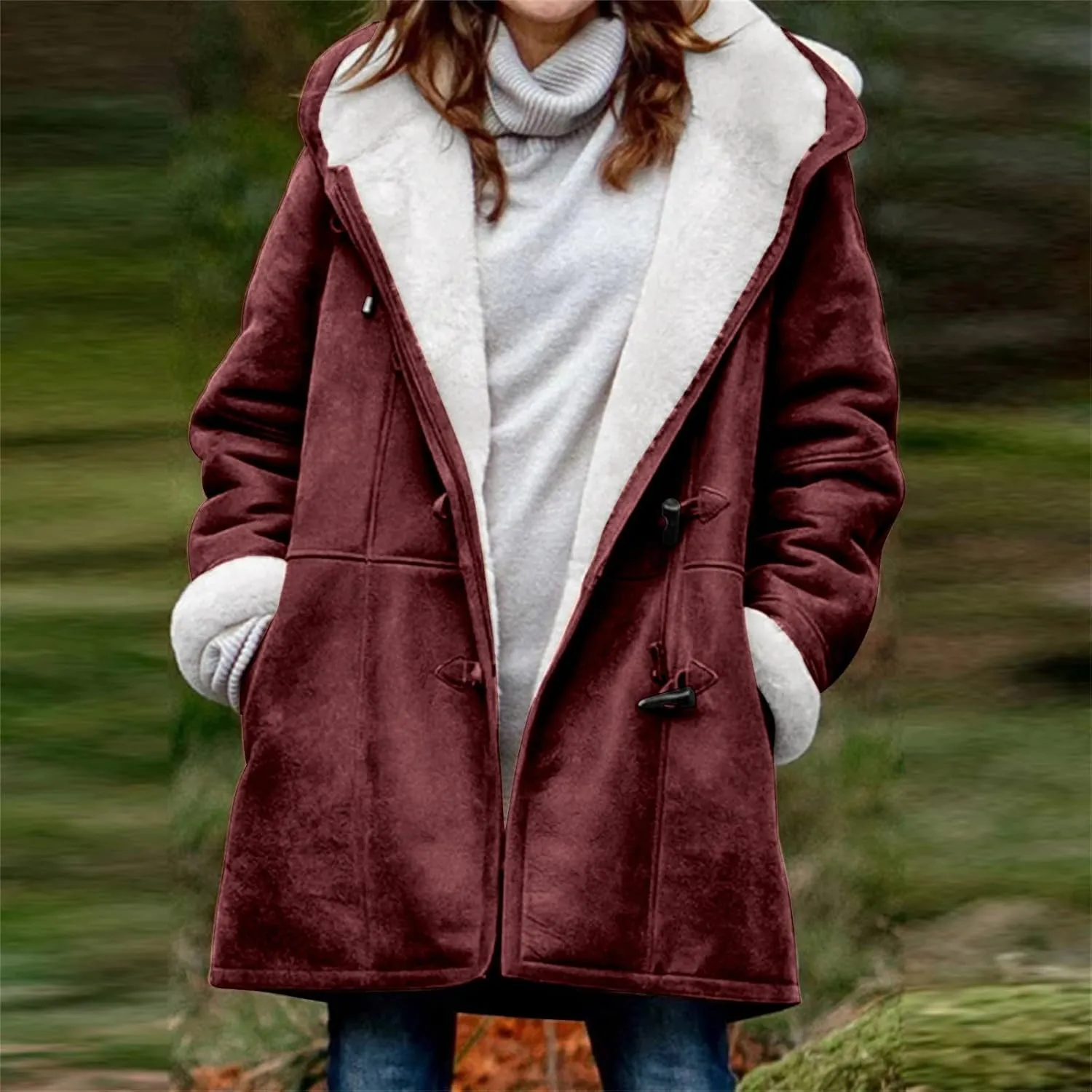 oiangi Winter Coats for Women Plus Size Warm Sherpa Fleece Lined Distressed Jackets Hooded Parka Suede Pea Coat Outerwear