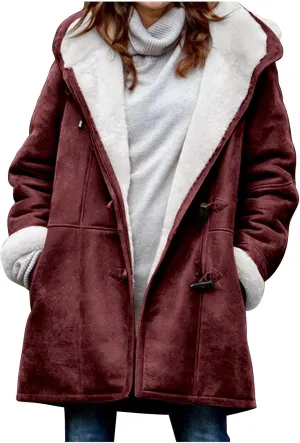 oiangi Winter Coats for Women Plus Size Warm Sherpa Fleece Lined Distressed Jackets Hooded Parka Suede Pea Coat Outerwear
