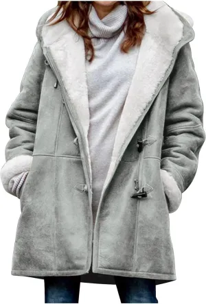 oiangi Winter Coats for Women Plus Size Warm Sherpa Fleece Lined Distressed Jackets Hooded Parka Suede Pea Coat Outerwear