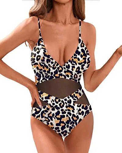One Piece Removable Padded Bra Sexy Monokini Plunge V Neck Swimsuits-Leopard
