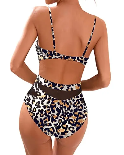 One Piece Removable Padded Bra Sexy Monokini Plunge V Neck Swimsuits-Leopard