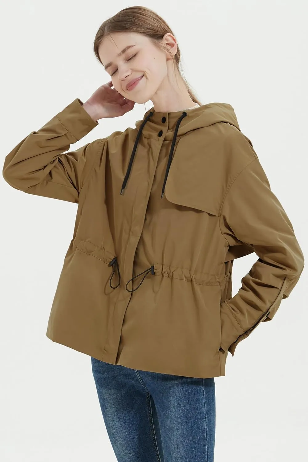 Orolay Women's Short Windproof Trench Coat Outdoor Lightweight Hooded Coat