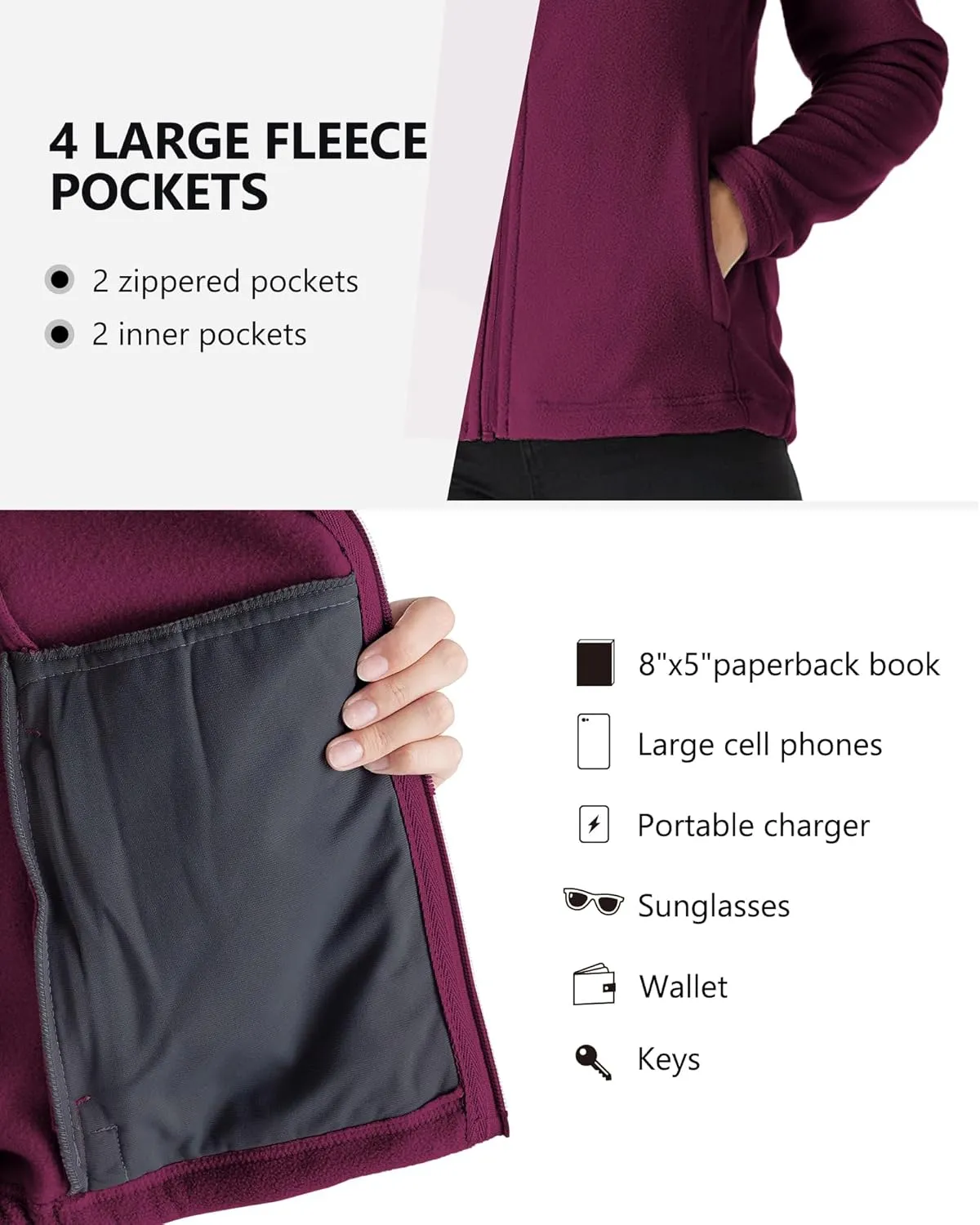 Outdoor Ventures Women's Lightweight Warm Zip Up Long-Sleeve Soft Polar Fleece Jacket for Fall Winter