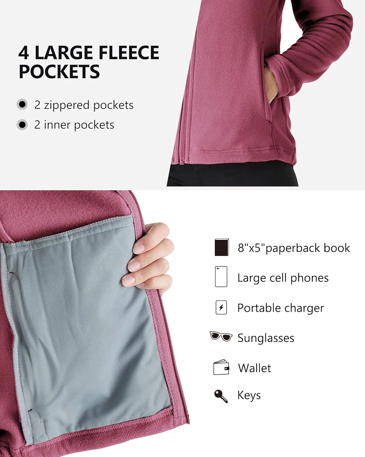 Outdoor Ventures Women's Lightweight Warm Zip Up Long-Sleeve Soft Polar Fleece Jacket for Fall Winter