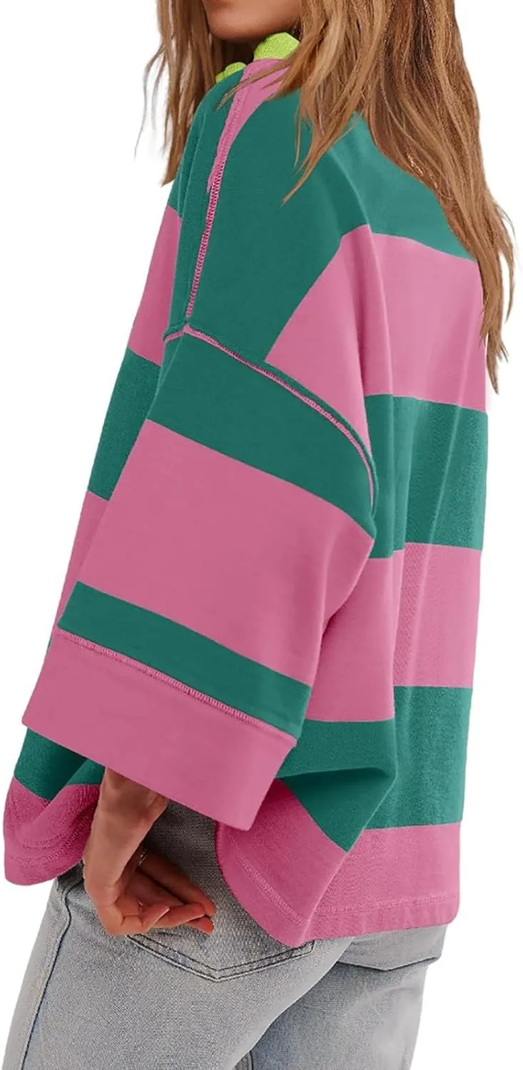 Oversized Half Zip Pullover Women Baggy Drop Shoulder Striped Sweatshirts Trendy Y2K Sweatshirt Fall Outfits w/Pocket