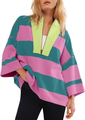 Oversized Half Zip Pullover Women Baggy Drop Shoulder Striped Sweatshirts Trendy Y2K Sweatshirt Fall Outfits w/Pocket