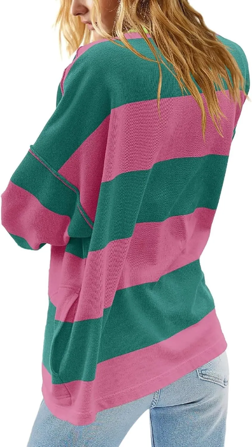 Oversized Half Zip Pullover Women Baggy Drop Shoulder Striped Sweatshirts Trendy Y2K Sweatshirt Fall Outfits w/Pocket