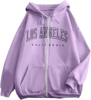 Oversized Sweatshirts for Women Zip Up Hoodies Letter Print Long Sleeve Baggy Tops Trendy Vintage Casual Y2K Clothes