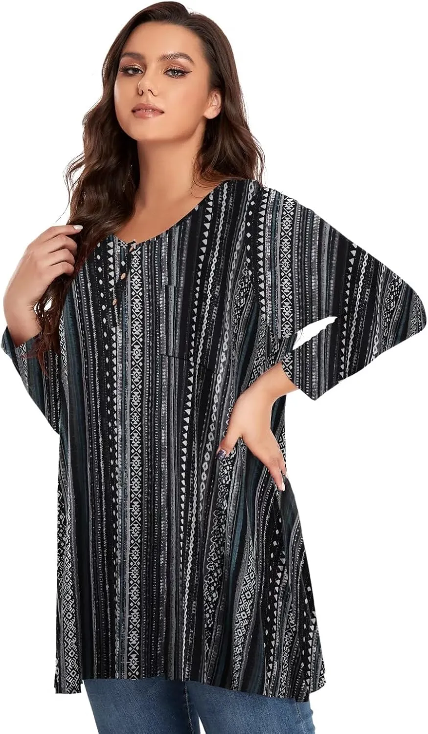 OVERWORETY Plus Size Tops for Women 3/4 Sleeve Henley V Neck Button Tunics Casual Loose Swing Shirts for Leggings