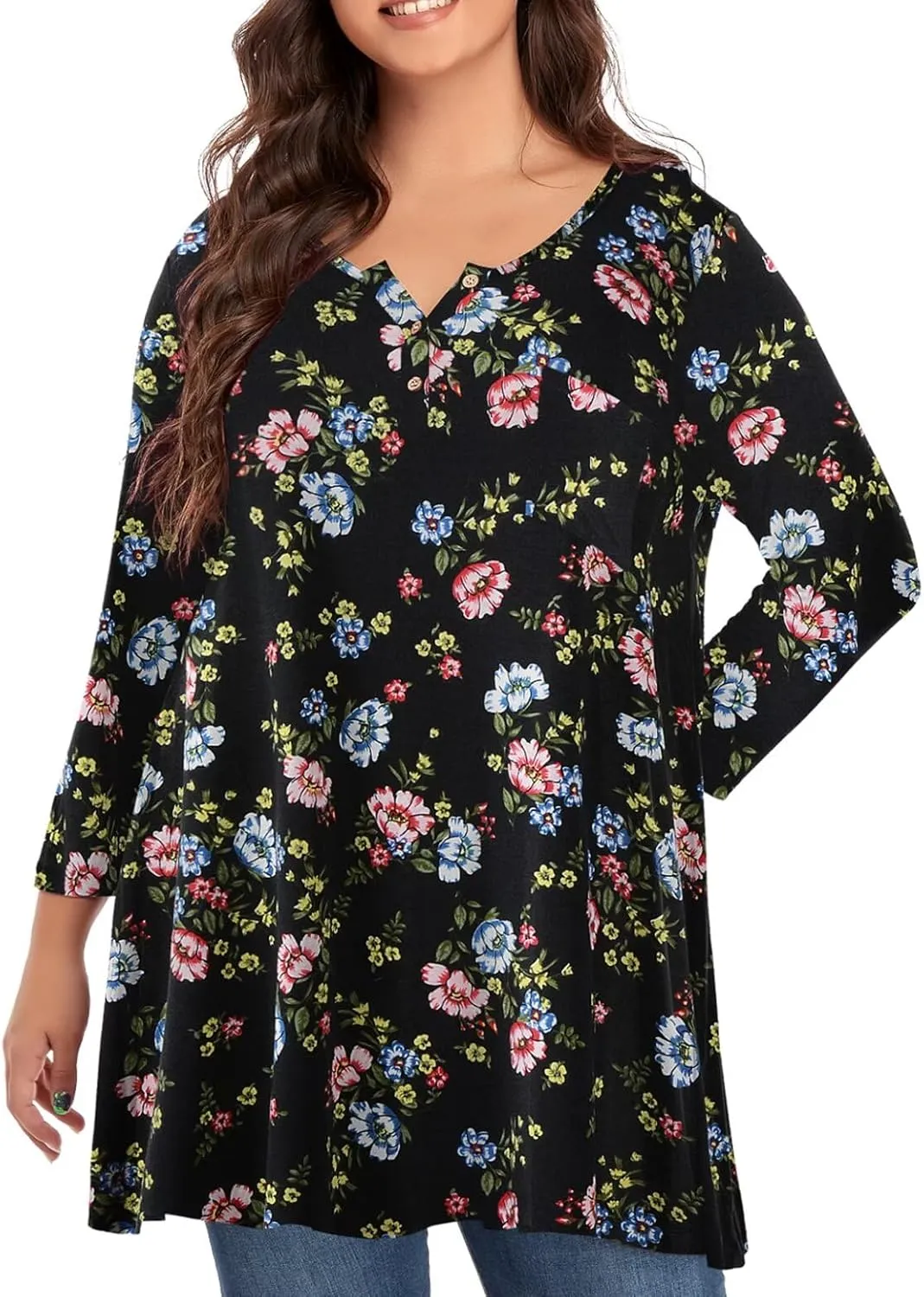 OVERWORETY Plus Size Tops for Women 3/4 Sleeve Henley V Neck Button Tunics Casual Loose Swing Shirts for Leggings