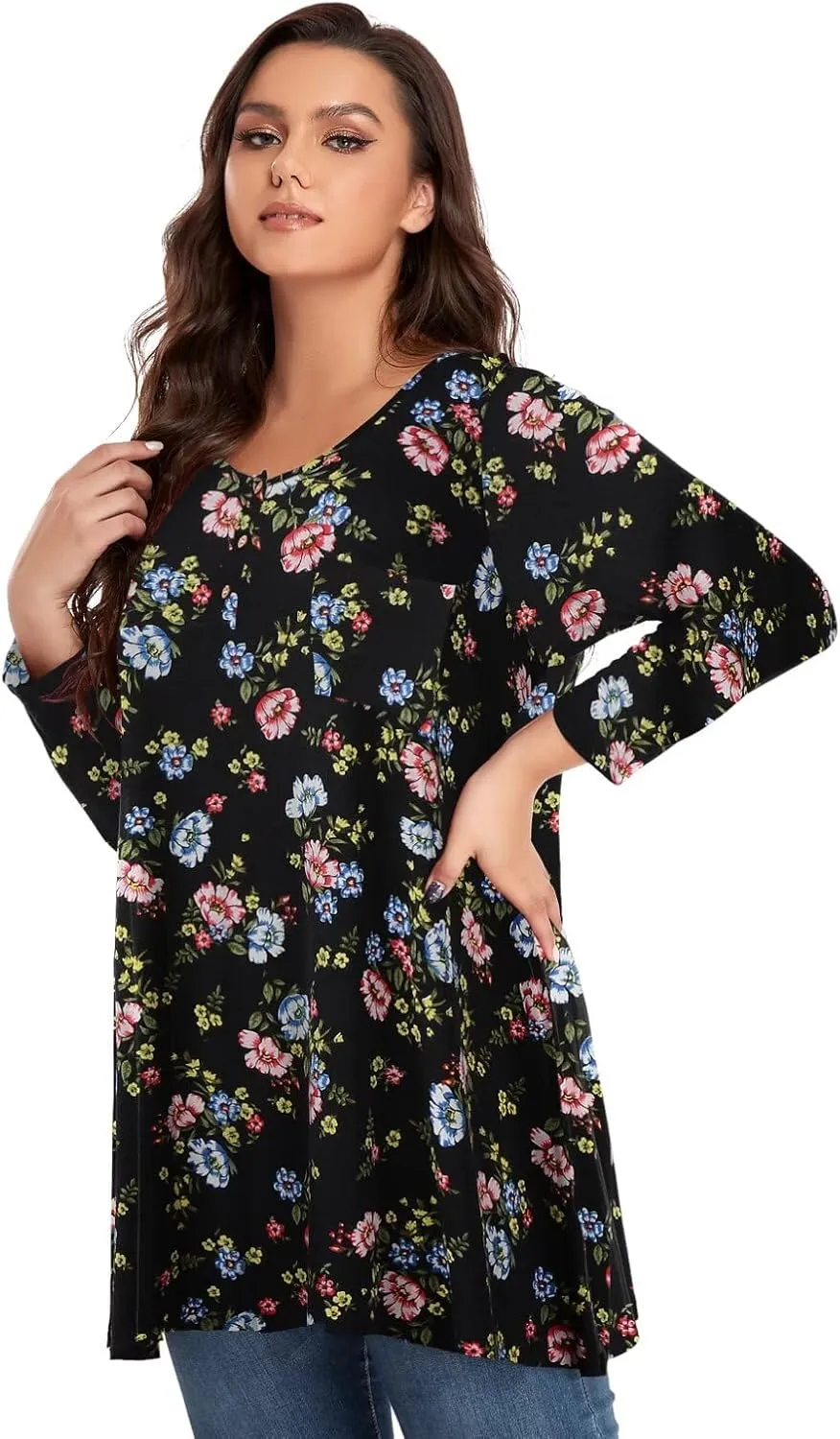 OVERWORETY Plus Size Tops for Women 3/4 Sleeve Henley V Neck Button Tunics Casual Loose Swing Shirts for Leggings