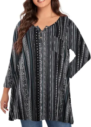 OVERWORETY Plus Size Tops for Women 3/4 Sleeve Henley V Neck Button Tunics Casual Loose Swing Shirts for Leggings