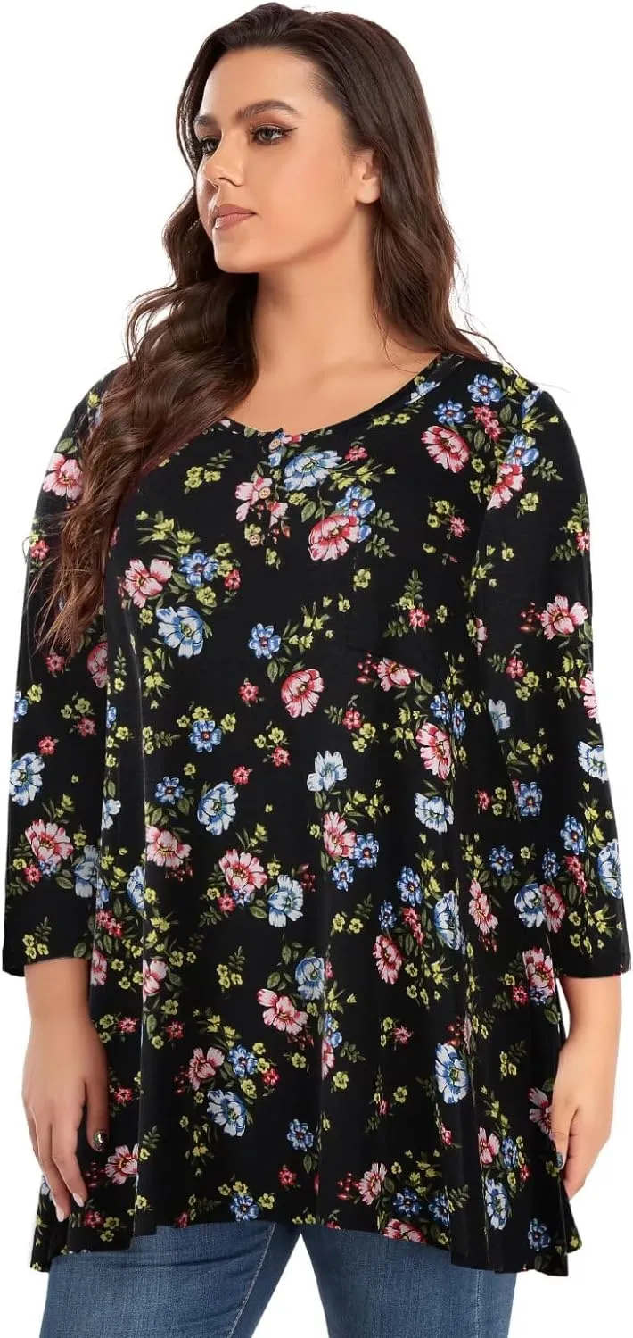 OVERWORETY Plus Size Tops for Women 3/4 Sleeve Henley V Neck Button Tunics Casual Loose Swing Shirts for Leggings