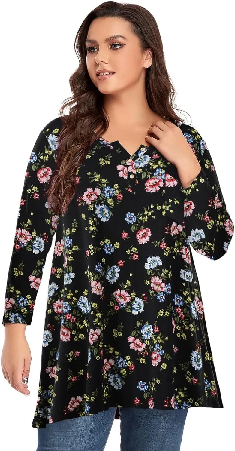 OVERWORETY Plus Size Tops for Women 3/4 Sleeve Henley V Neck Button Tunics Casual Loose Swing Shirts for Leggings