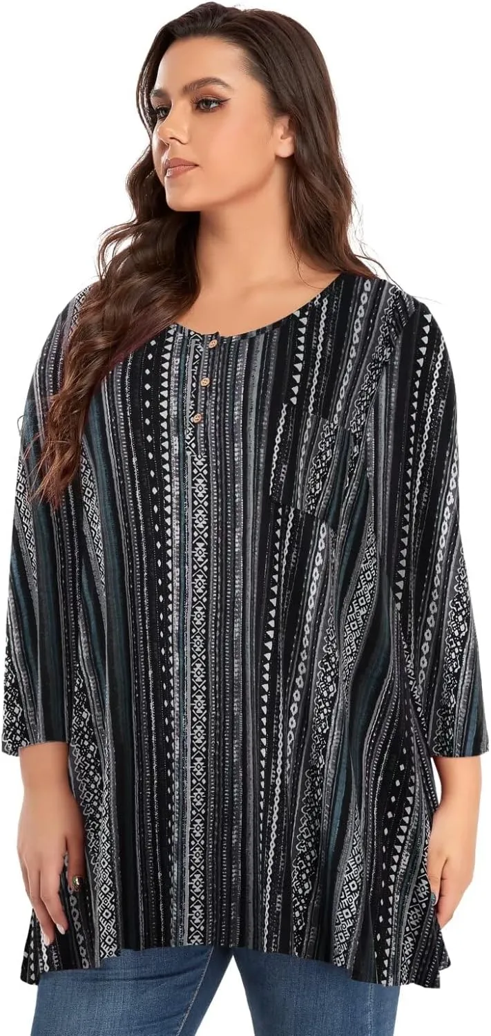 OVERWORETY Plus Size Tops for Women 3/4 Sleeve Henley V Neck Button Tunics Casual Loose Swing Shirts for Leggings