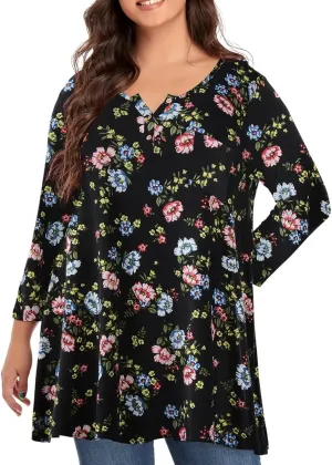 OVERWORETY Plus Size Tops for Women 3/4 Sleeve Henley V Neck Button Tunics Casual Loose Swing Shirts for Leggings