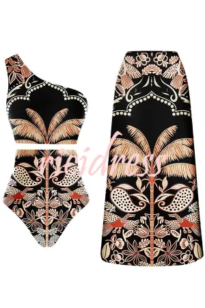 Palm Tree Bird Print Color Block High Waist Bikini And Skirt
