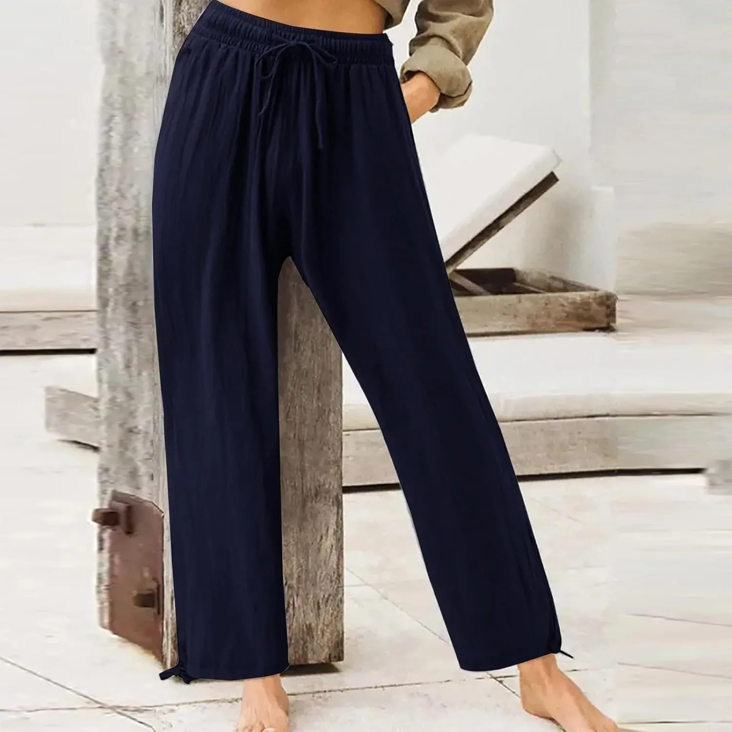 Pants for Women Cotton Linen Casual Summer 2025 Straight Leg Loose Drawstring Elastic Waist Cropped Trouser Plus Size