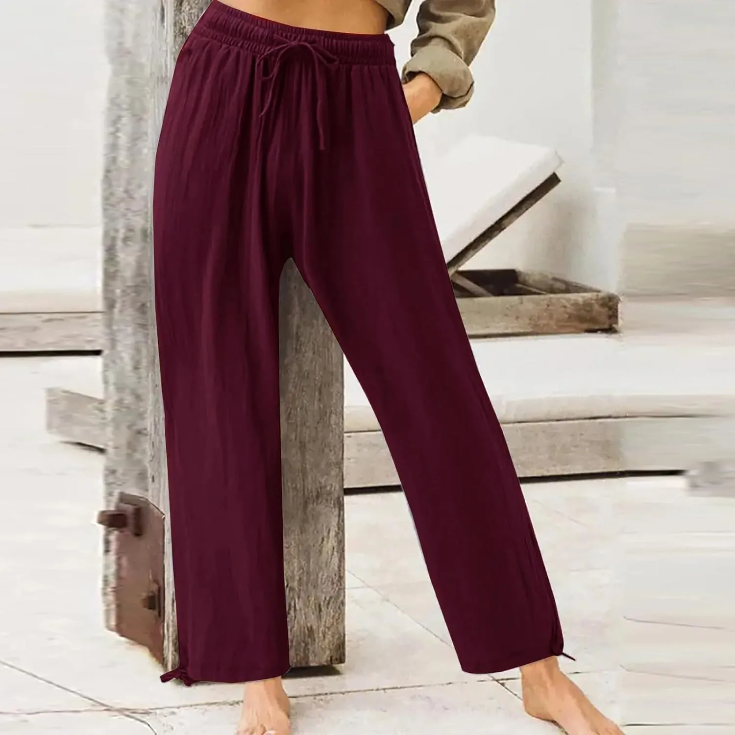 Pants for Women Cotton Linen Casual Summer 2025 Straight Leg Loose Drawstring Elastic Waist Cropped Trouser Plus Size