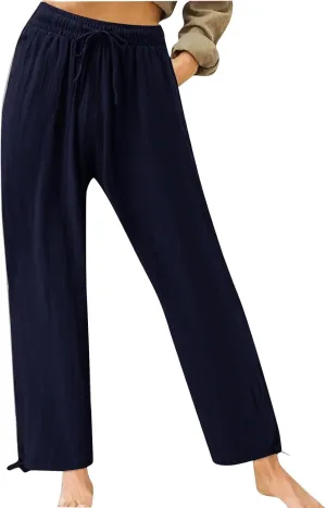 Pants for Women Cotton Linen Casual Summer 2025 Straight Leg Loose Drawstring Elastic Waist Cropped Trouser Plus Size