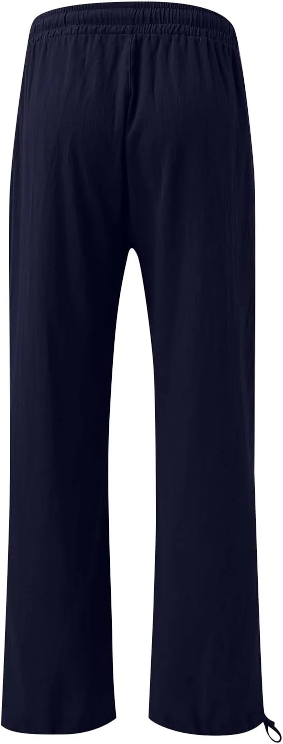 Pants for Women Cotton Linen Casual Summer 2025 Straight Leg Loose Drawstring Elastic Waist Cropped Trouser Plus Size