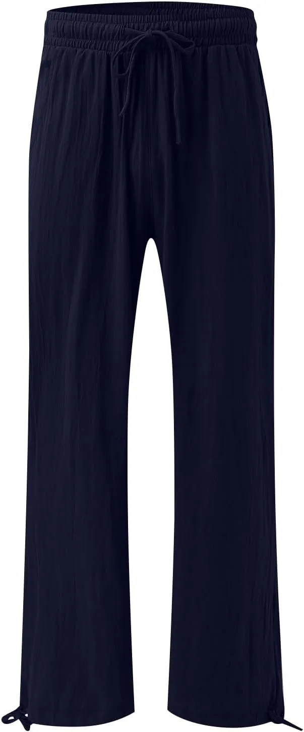 Pants for Women Cotton Linen Casual Summer 2025 Straight Leg Loose Drawstring Elastic Waist Cropped Trouser Plus Size