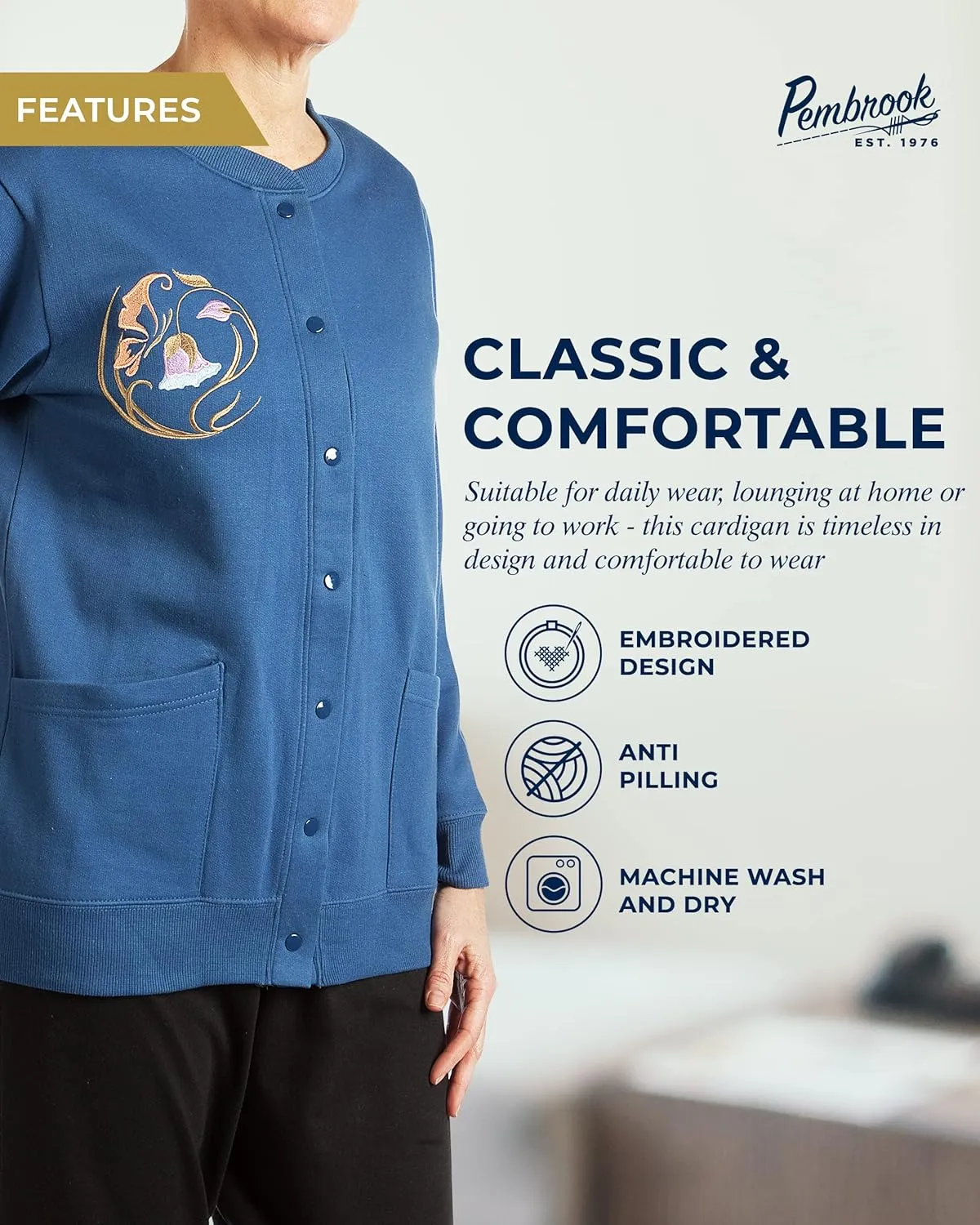 Pembrook Fleece Cardigans for Women with Pockets | Grandma Sweater with Snap Buttons | Embroidery Jackets Clothing for Senior