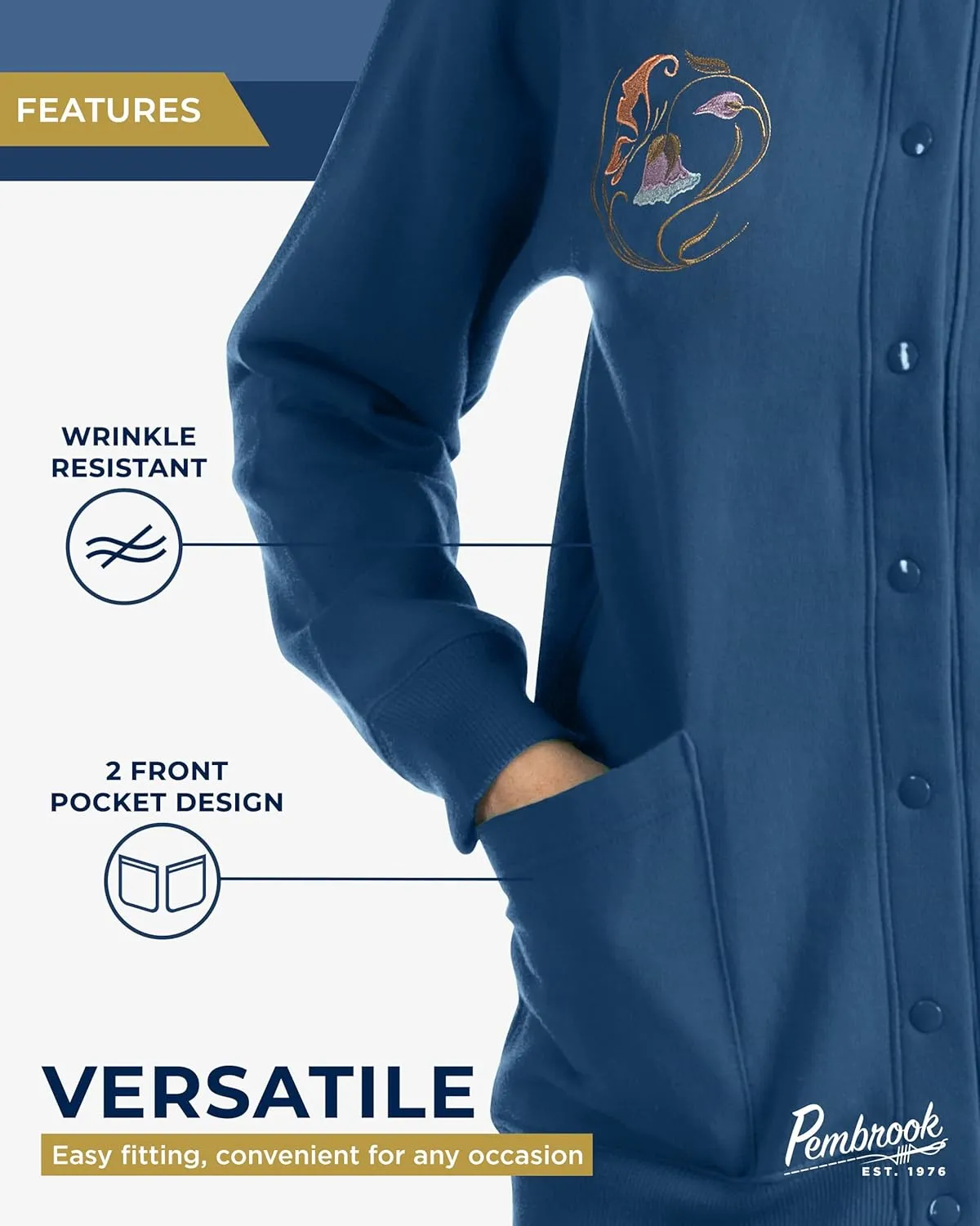 Pembrook Fleece Cardigans for Women with Pockets | Grandma Sweater with Snap Buttons | Embroidery Jackets Clothing for Senior