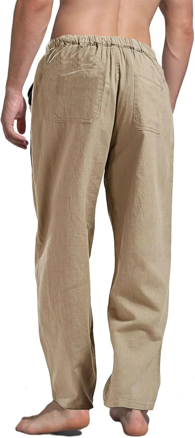 perdontoo Mens Casual Cotton Linen Pants Elastic Waist Drawstring Straight Summer Beach Pants