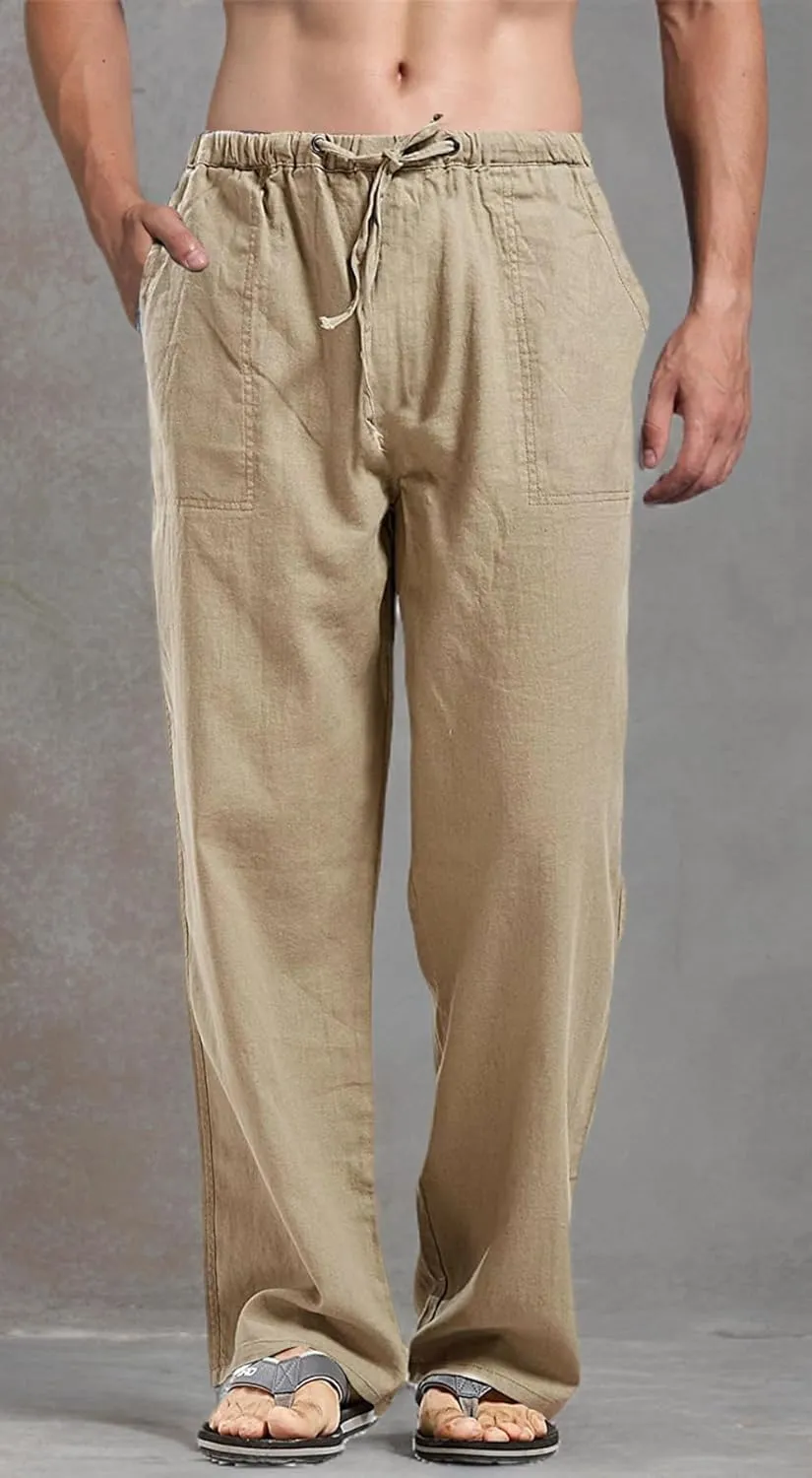 perdontoo Mens Casual Cotton Linen Pants Elastic Waist Drawstring Straight Summer Beach Pants
