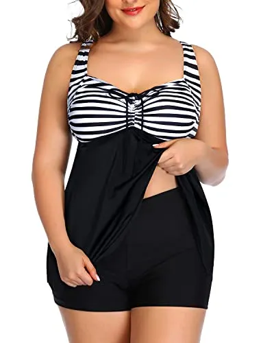 Plus Size Flyaway Bathing Suits Tankini Swimsuits Shorts-Black And White Stripe