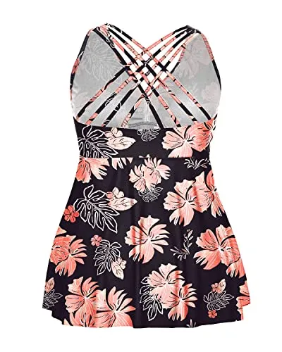 Plus Size V Neck Tankini Top Criss Cross Strappy Back Bathing Suit Top-Black Orange Floral
