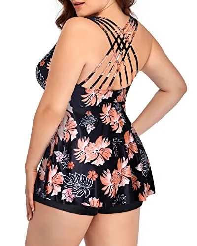 Plus Size V Neck Tankini Top Criss Cross Strappy Back Bathing Suit Top-Black Orange Floral